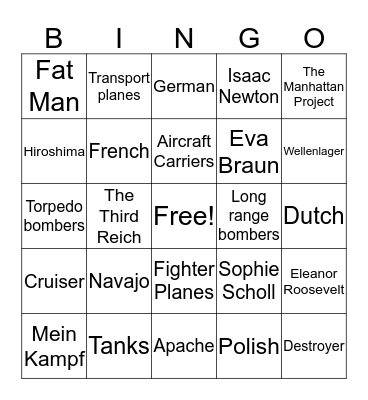WW2 Technology, Atomic Bomb, Holocaust Bingo Card