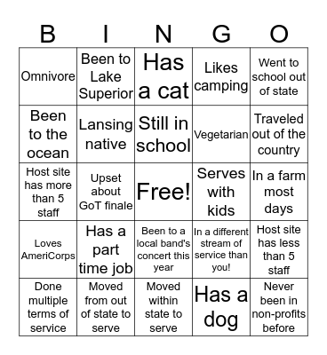 AmeriCorps Member BINGO Card