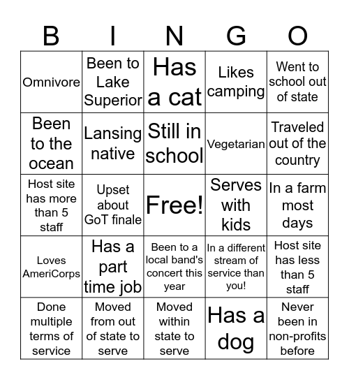 AmeriCorps Member BINGO Card