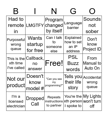 Tech Support Bingo Card