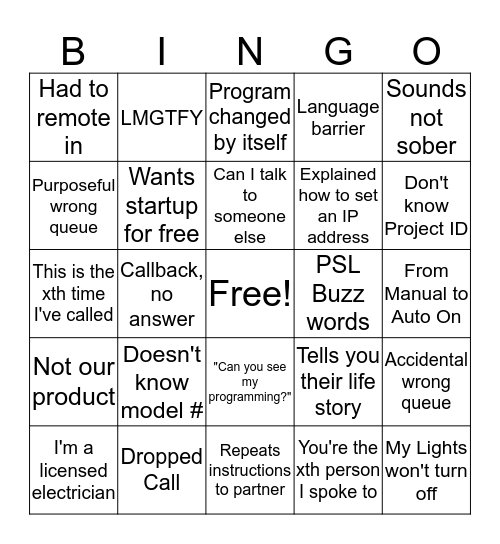 Tech Support Bingo Card