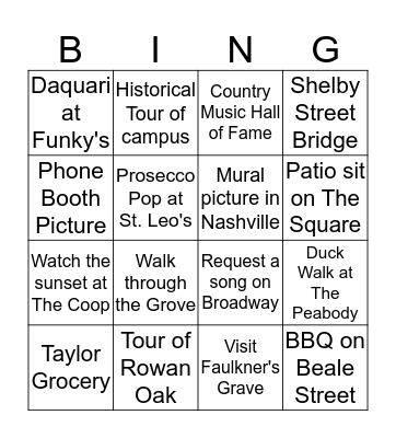 Southern Roadtrip Bingo Card