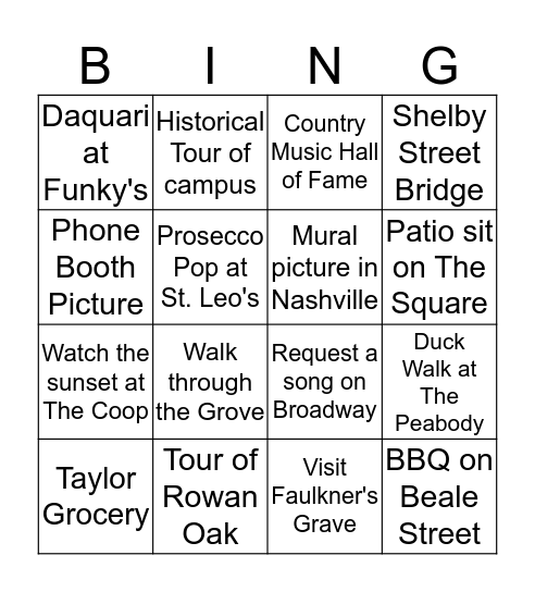 Southern Roadtrip Bingo Card