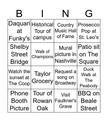 Southern Roadtrip Bingo Card