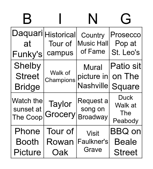 Southern Roadtrip Bingo Card