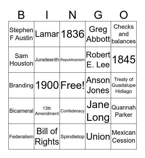 TX History Final Bingo Card