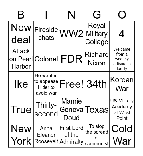 Franklen D. Roosevelt Bingo Card