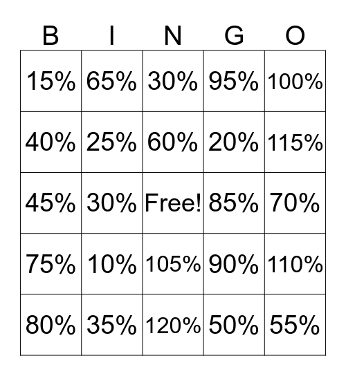 Fraction and Percentage Bingo Card