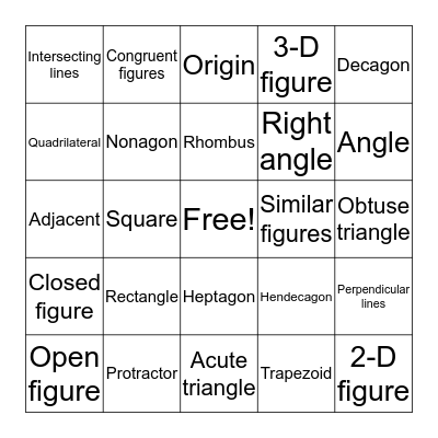Geometry Bingo Card