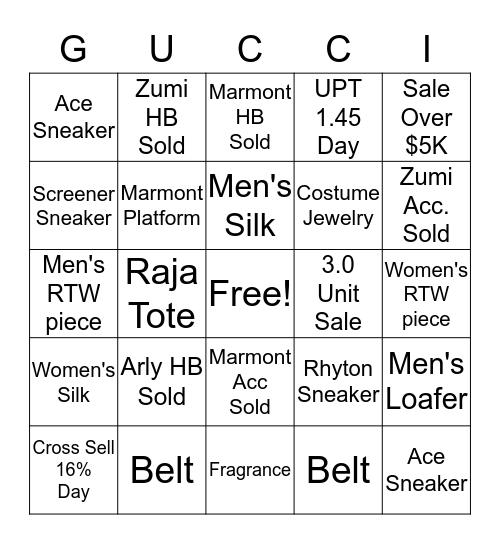 Gucci Bingo Card