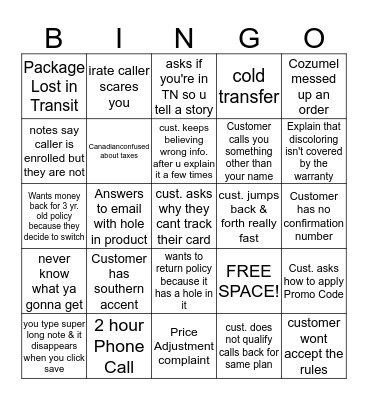 Customer Service Bingo Card