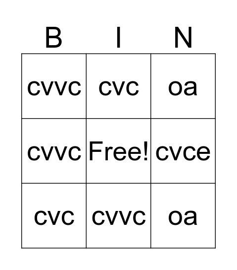 short and long o Bingo Card