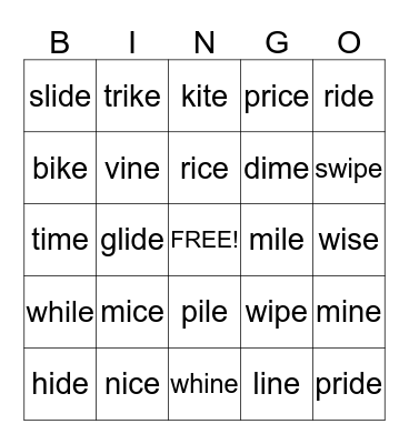 Silent e Bingo Card