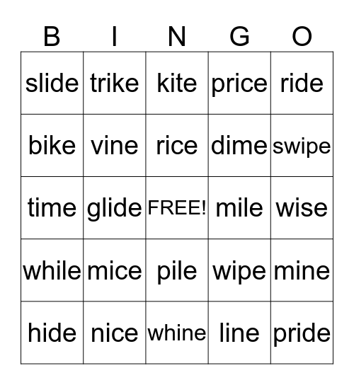 Silent e Bingo Card