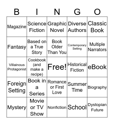 Young Adult Reading Bingo Card