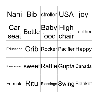 Ritu's Baby Shower Bingo Card
