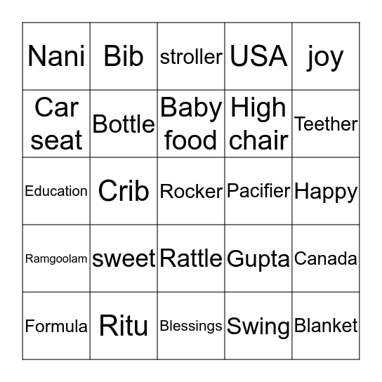 Ritu's Baby Shower Bingo Card