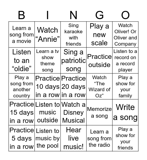 Summer Music Bingo! Bingo Card