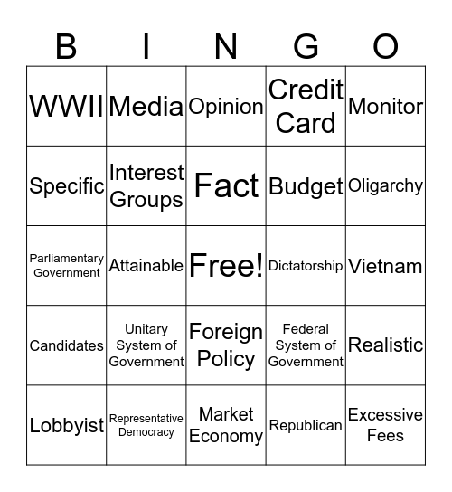 4th Quarter Assessment Bingo Card