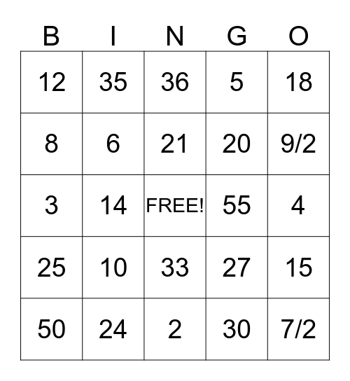 Divide Fractions Bingo Card