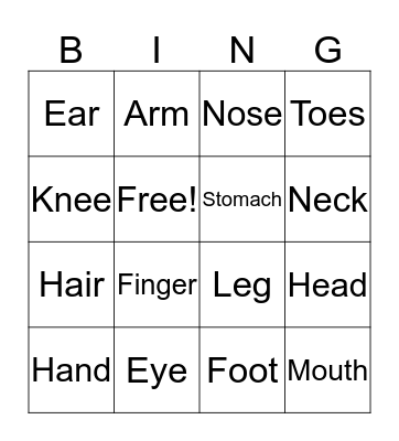 Body Parts Bingo Card