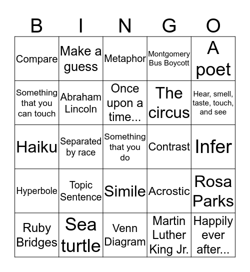 End of the Year Bingo Card