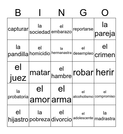 Unidad 3 Vocabulario  Bingo Card