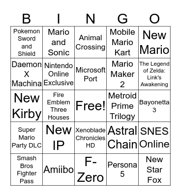 Nintendo E3 Bingo Card