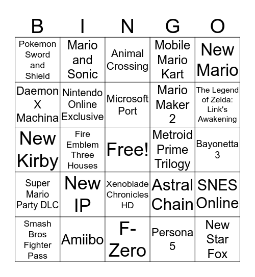 Nintendo E3 Bingo Card