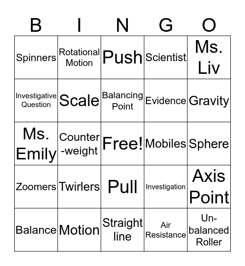 Balance and Motion Bingo Card