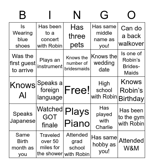 Find the shower guest who.... Bingo Card