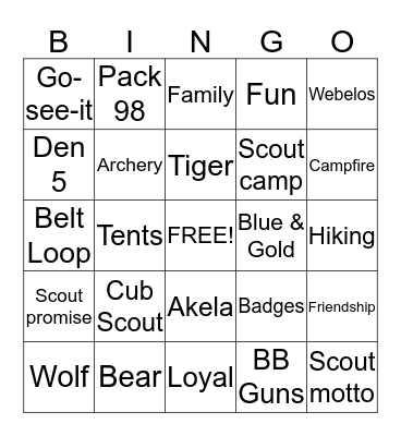 Cub Scout Bingo Card