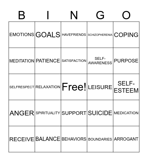 Mental Health Bingo Card