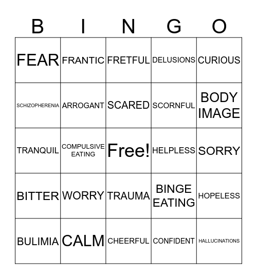 Mental Health Bingo Card