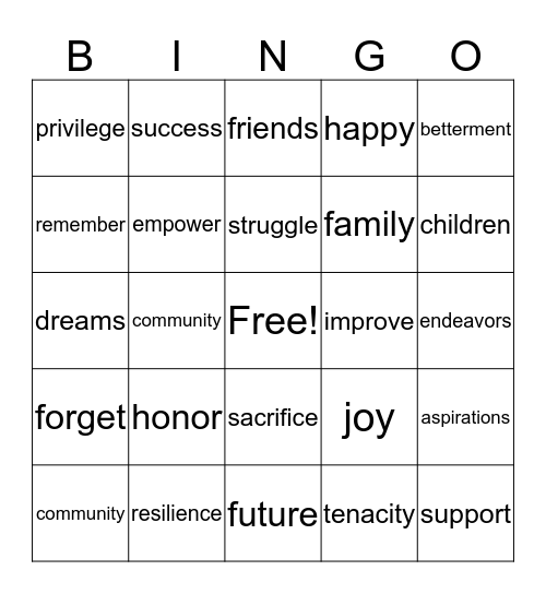 Commencement Bingo Card