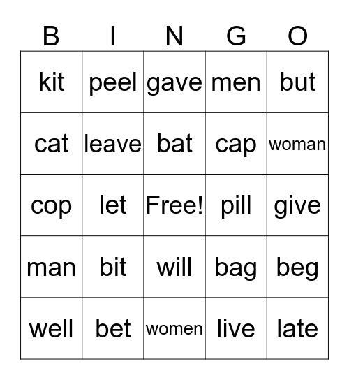 Vowel Pronunciation Bingo Card