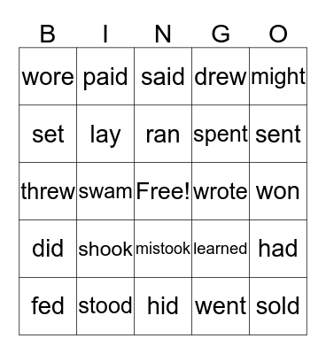 Irregular Verbs 初二。 Bingo Card