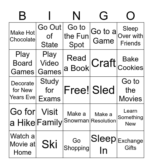 Winter Break Bingo Card