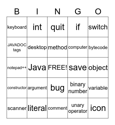 Computer and Java Vocabulary Bingo Card