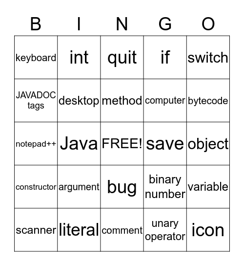 Computer and Java Vocabulary Bingo Card