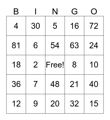 Multiplication and Division Bingo Card
