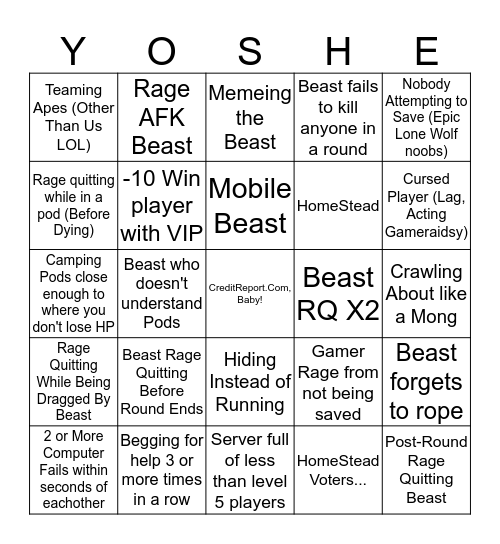 Flee the Facility Bingo Card