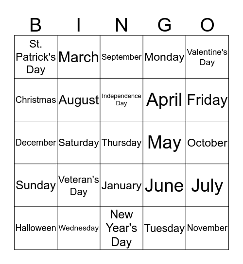 Days of the Week / Months / Holidays Bingo Card