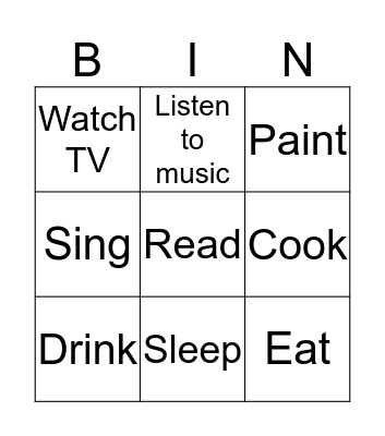 Activities Bingo Card