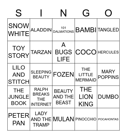 362 DISNEY MOVIES Bingo Card