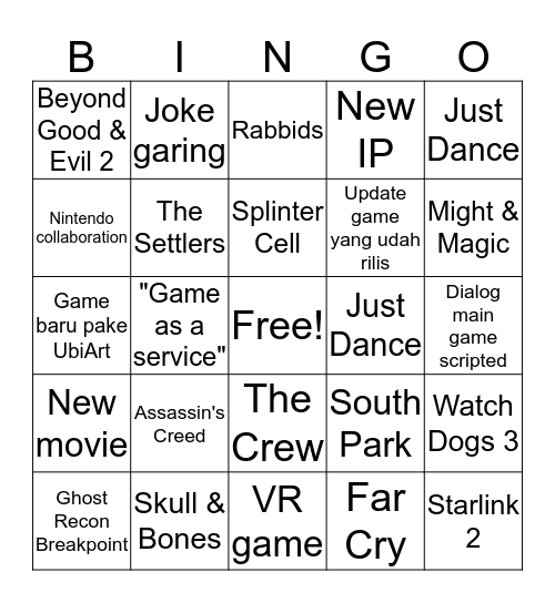 Ubisoft E3 2019 Bingo Card