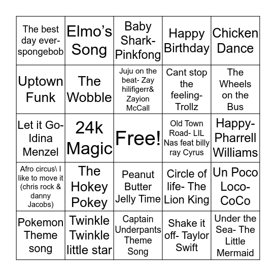 Music Bingo Card