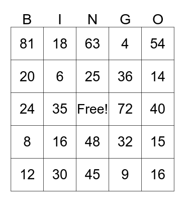 Math Facts Bingo Card