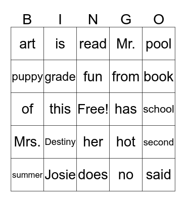 Josie and Destiny Bingo Card