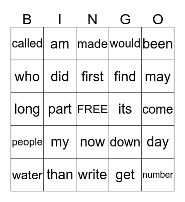 Fry Words 81 to 100 Bingo Card